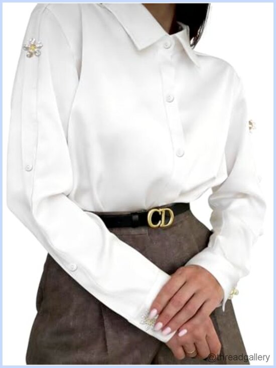Tops - Elegant Satin Blouse Pearl Flower Embellishments Long Sleeve Button Down